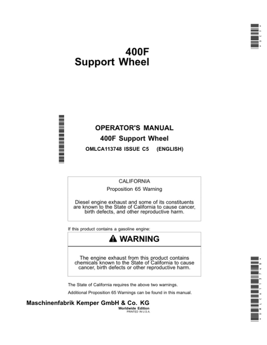 John Deere 400F Comfort Support Wheel(for 460-Plus, 475, 475-Plus, 770 & 778Rotary Harvesting Unit)Worldwide Edition Operator’s Manual (OMLCA113748) Workshop Guide
