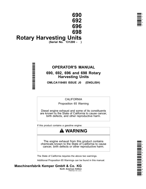 John Deere 690, 692, 696, 698 Rotary Harvesting Units (131200-) Operator’s Manual (OMLCA118485) Workshop Guide