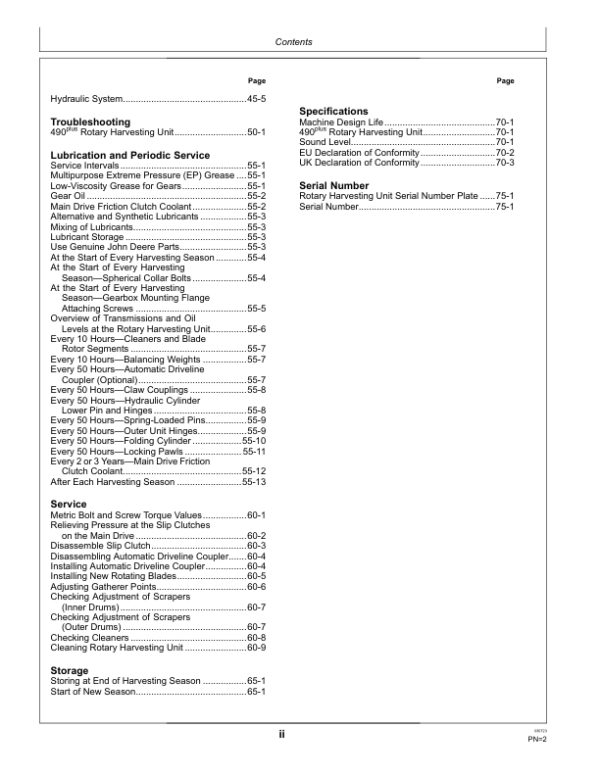 John Deere 490plus Rotary Harvesting Unit (European Edition) Operator’s Manual (OMLCA118535) Workshop Guide