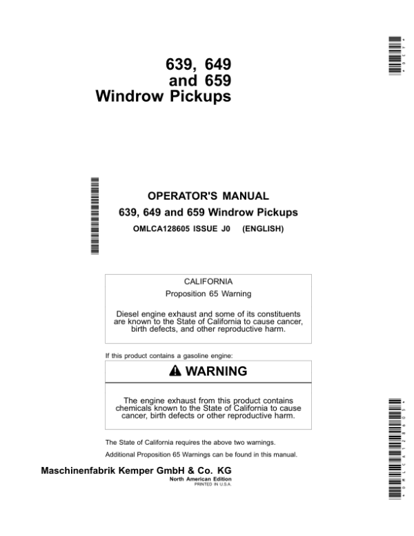 John Deere 639, 649, 659 Windrow Pickups Operator’s Manual (OMLCA128605) Workshop Guide