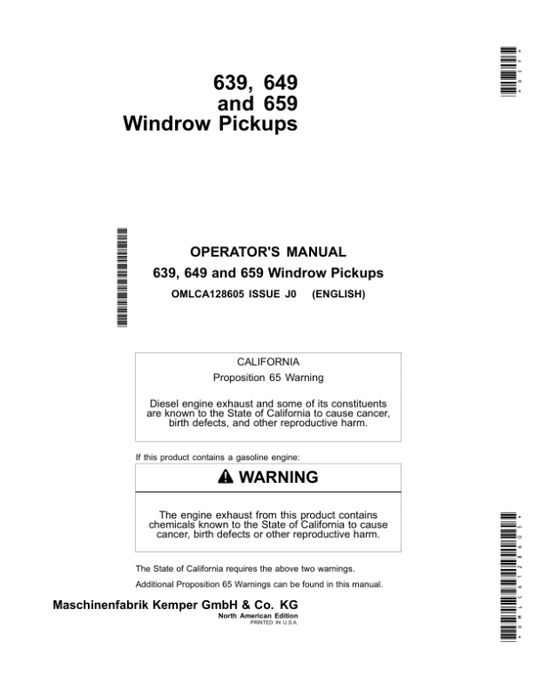 John Deere 639, 649, 659 Windrow Pickups Operator’s Manual (OMLCA128605) Workshop Guide