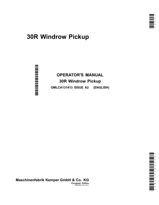 John Deere 30R Windrow Pickup (European Edition) Operator’s Manual (OMLCA131413) Workshop Guide