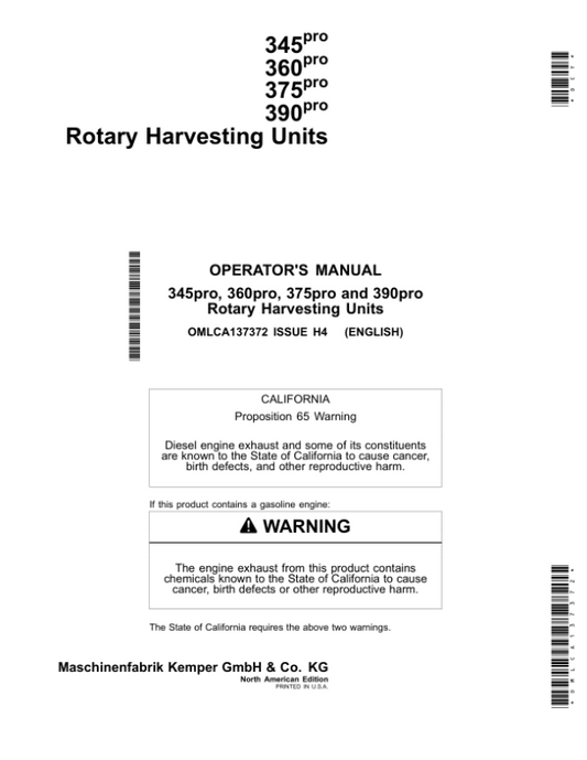 John Deere 345pro,360pro,375pro,390pro Rotary Harvesting Units Operator’s Manual (OMLCA137372) Workshop Guide