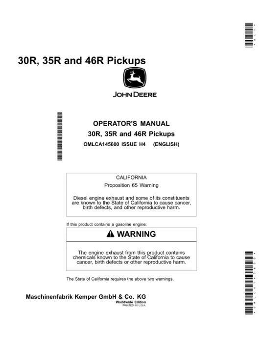 John Deere 30R, 35R, 46R Pickups Operator’s Manual (OMLCA145600) Workshop Guide