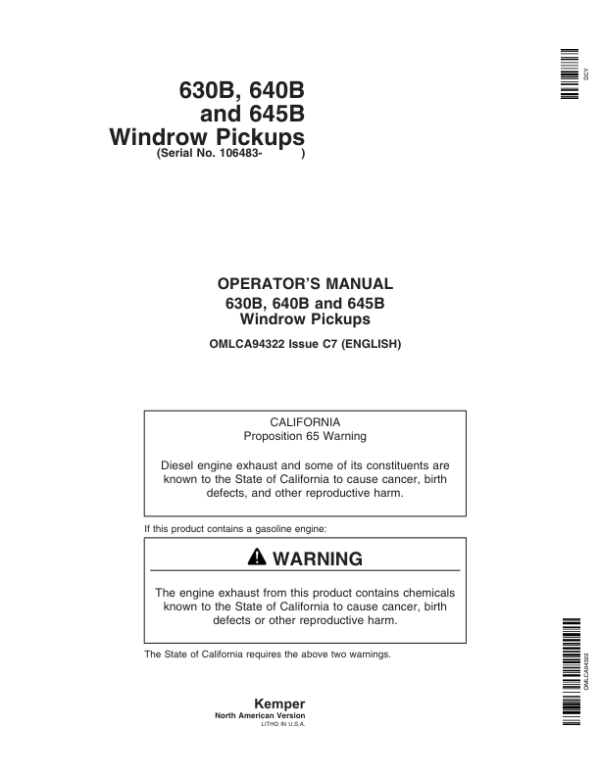 John Deere 630B, 640B & 645B Windrow Pickups Operator’s Manual (OMLCA94322) Workshop Guide