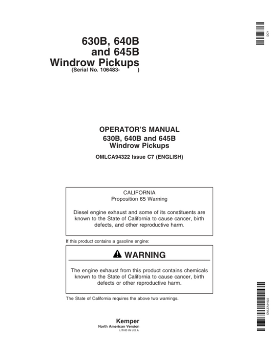 John Deere 630B, 640B & 645B Windrow Pickups Operator’s Manual (OMLCA94322) Workshop Guide
