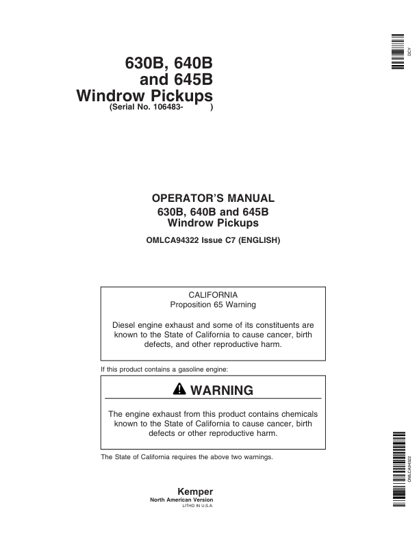 John Deere 630B, 640B & 645B Windrow Pickups Operator’s Manual (OMLCA94322) Workshop Guide