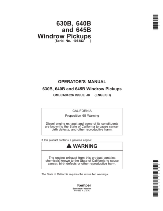 John Deere 630B, 640B, 645B Windrow Pickups Operator’s Manual (OMLCA94326) Workshop Guide
