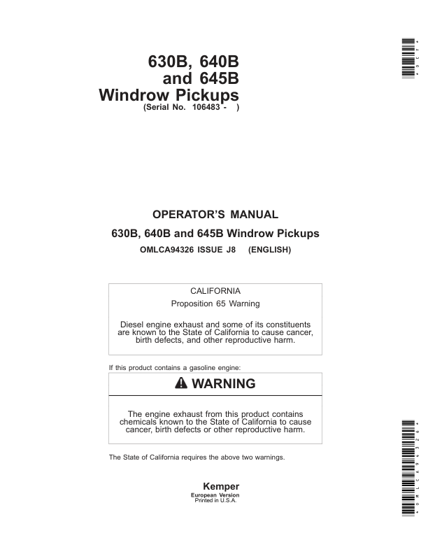 John Deere 630B, 640B, 645B Windrow Pickups Operator’s Manual (OMLCA94326) Workshop Guide