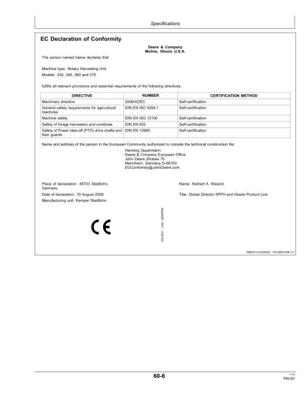 John Deere 330, 345, 360 & 375 Rotary Harvesting Unit Operator’s Manual (OMLCA94344) Workshop Guide