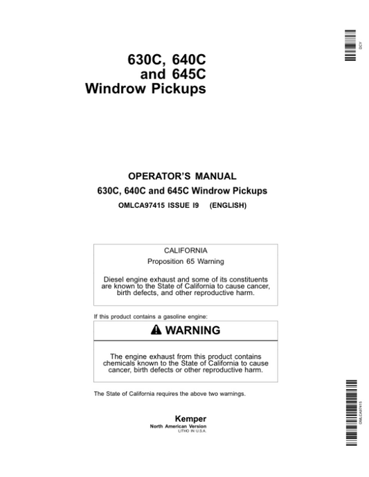 John Deere 630C, 640C & 645C Windrow Pickups Operator’s Manual (OMLCA97415) Workshop Guide