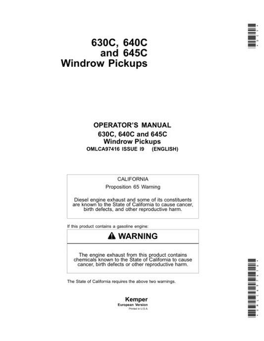 John Deere 630C, 640C & 645C Windrow Pickups Operator’s Manual (OMLCA97416) Workshop Guide