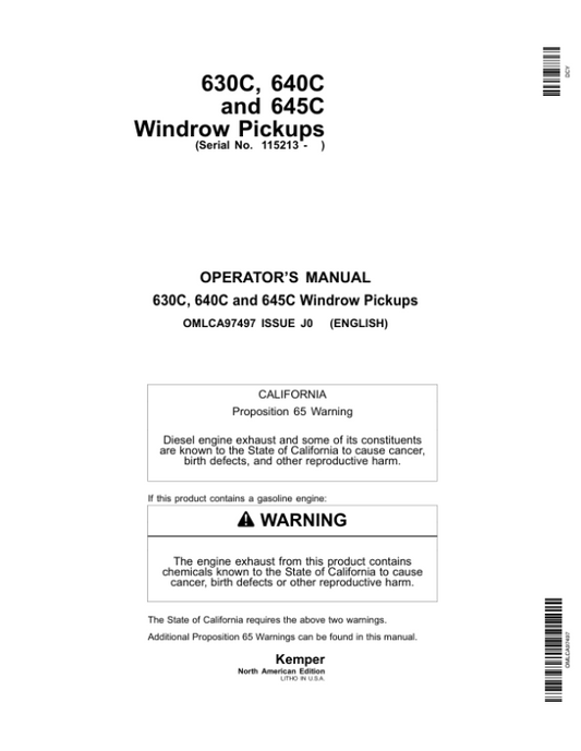 John Deere 630C, 640C & 645C Windrow Pickups Operator’s Manual (OMLCA97497) Workshop Guide