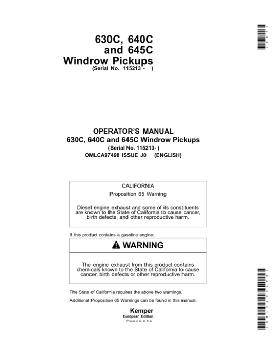 John Deere 630C, 640C, 645C Windrow Pickups Operator’s Manual (OMLCA97498) Workshop Guide