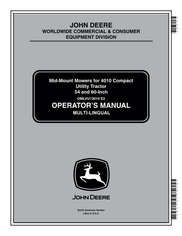 John Deere 54, 60 Inch Mid-Mount Mowers for 4010 CUT Operator’s Manual (OMLVU13010) Workshop Guide