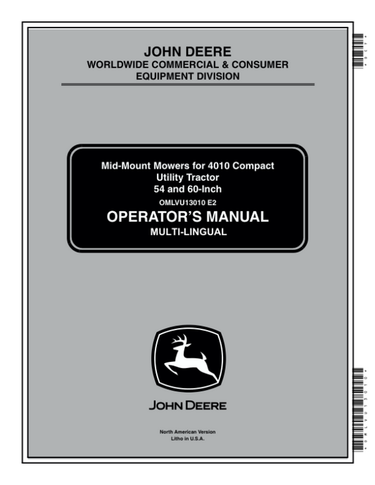 John Deere 54, 60 Inch Mid-Mount Mowers for 4010 CUT Operator’s Manual (OMLVU13010) Workshop Guide