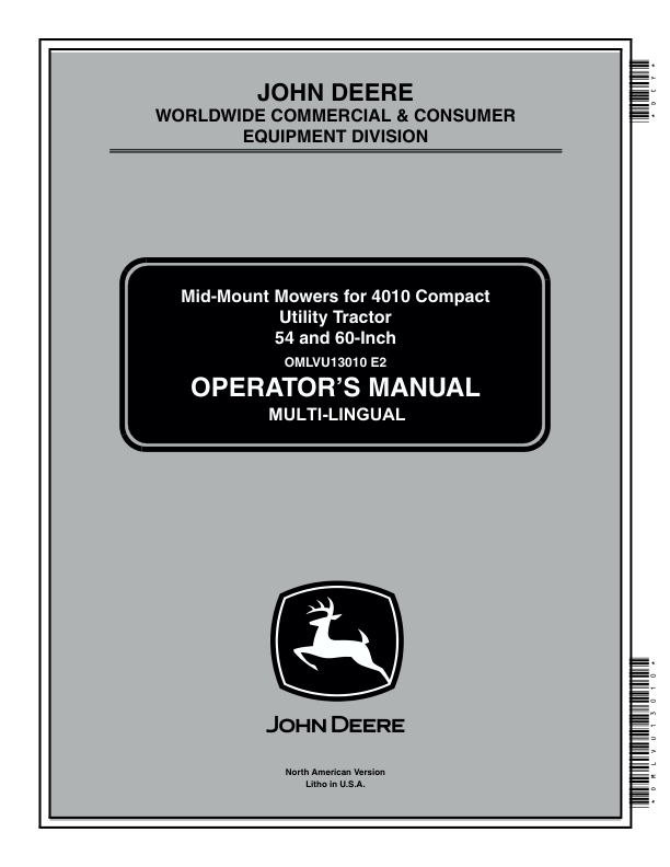 John Deere 54, 60 Inch Mid-Mount Mowers for 4010 CUT Operator’s Manual (OMLVU13010) Workshop Guide
