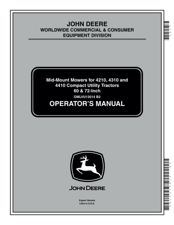 John Deere 60-Inch Mid-Mount Mowers for 4210, 4310, 4410 CUT Operator’s Manual (OMLVU13014) Workshop Guide