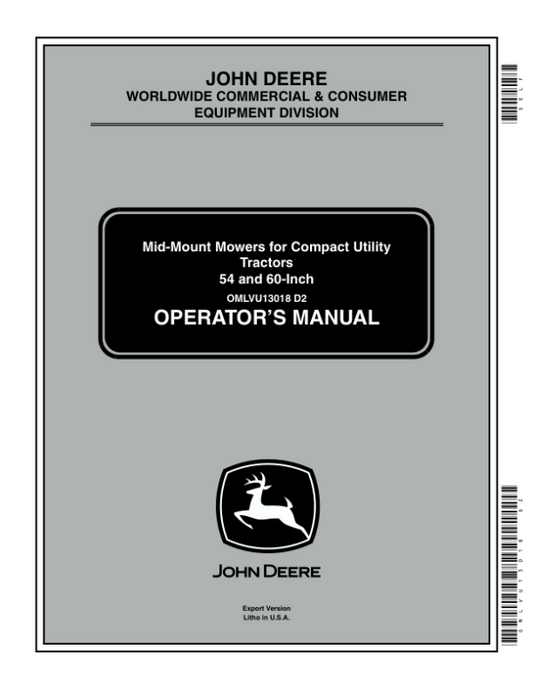 John Deere 54-, 60-In. Mid-Mount Mowers for 4110, 1115 CUT Operator’s Manual (OMLVU13018) Workshop Guide