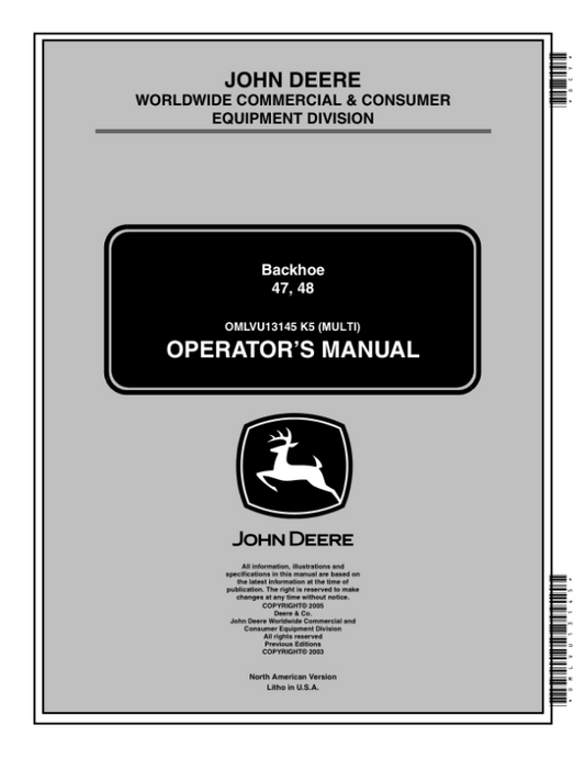 John Deere 46, 47 & 48 Backhoe Operator’s Manual (OMLVU13145) Workshop Guide