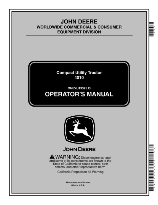 John Deere 4010 Compact Utility Tractor (110001 – ) Operator’s Manual (OMLVU13325) Workshop Guide
