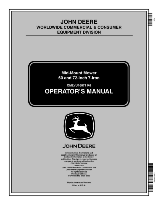 John Deere 60, 72 Inch Mid-Mounted Mowers Operator’s Manual (OMLVU16871) Workshop Guide