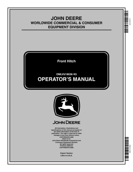 John Deere Front Hitch 2320, 2520 Compact Utility Tractors Operator’s Manual (OMLVU18036) Workshop Guide