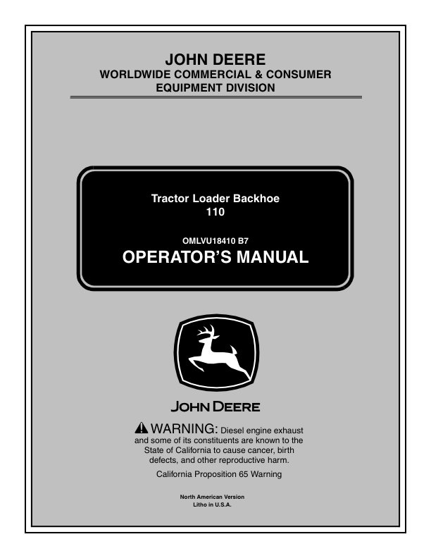 John Deere 110TLB Tractor Loader Backhoe Operator’s Manuals (OMLVU18410) Workshop Guide