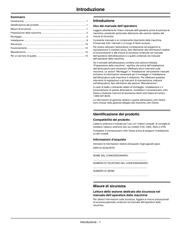 John Deere Front Hitch for 3120, 3320, 3520, 3720 CUT Operator’s Manual (OMLVU20139) Workshop Guide