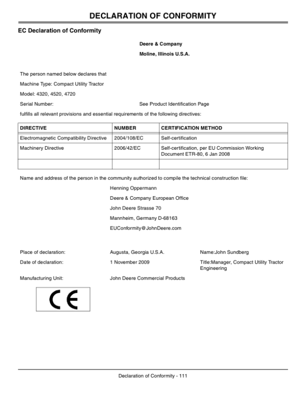 John Deere 4320, 4520, 4720 Compact Utility Tractors / w/o Cab (810001-80480) (Europe) Operator’s Manual (OMLVU23884) Workshop Guide