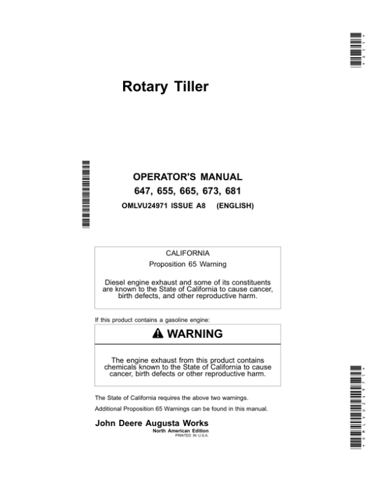 John Deere 647, 655, 665, 673, 681 Rotary Tillers Operator’s Manual (OMLVU24971) Workshop Guide