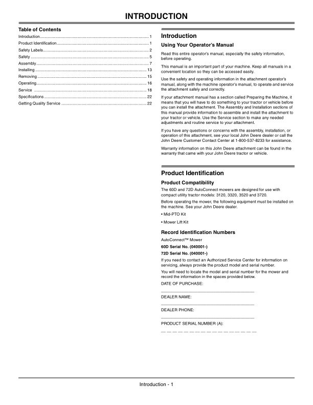 John Deere Auto Connect Mid Mount Mower – 60D, 72D (040001-) Operator’s Manual (OMLVU25182) Workshop Guide