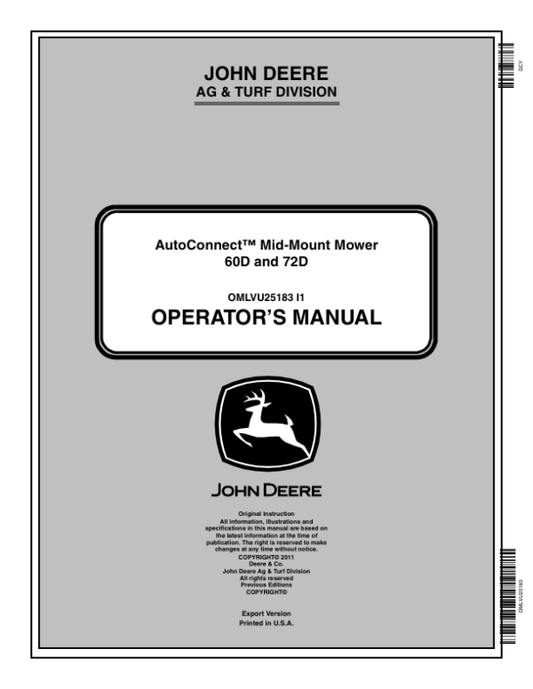 John Deere 60D,72D Mower Deck (EX) Operator’s Manual (OMLVU25183) Workshop Guide