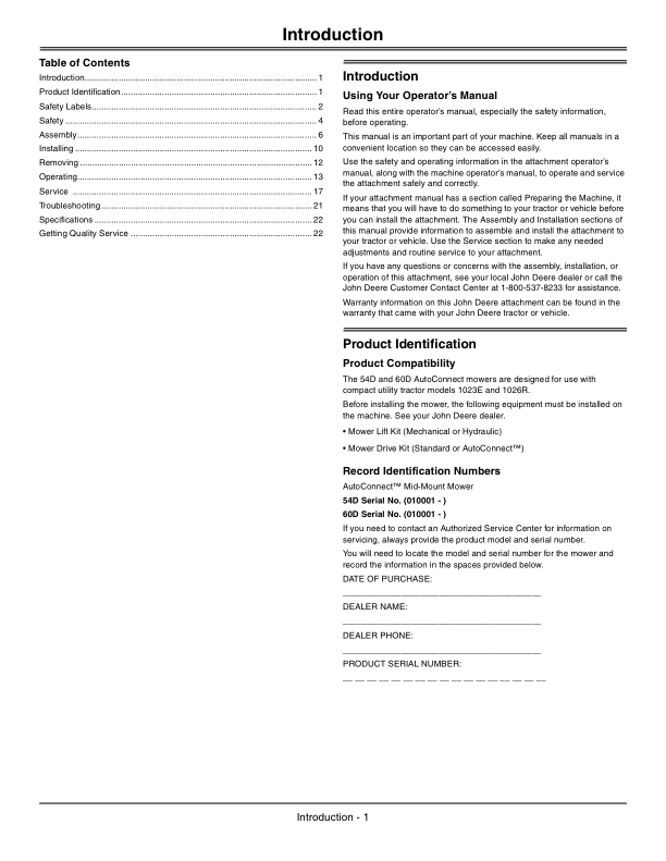 John Deere 54D, 60D AutoConnect Mower (Noth America) (010001-) Operator’s Manual (OMLVU25573) Workshop Guide