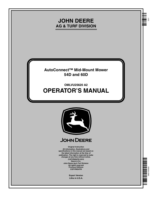 John Deere AutoConnect Mid-Mount Mower 54D, 60D (EX) Operator’s Manual (OMLVU25620) Workshop Guide