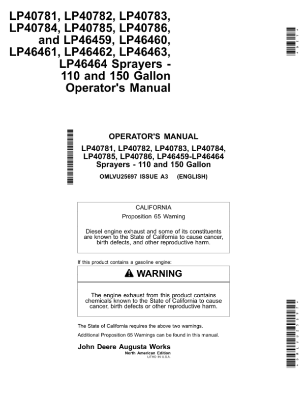 John Deere LP40781, LP40782, LP40783, LP40784, LP40785, LP40786 Sprayer – 110 Gallon Operator’s Manual (OMLVU25697) Workshop Guide