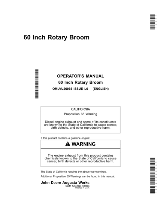 John Deere 60 Inch Rotary Brooms Operator’s Manual (OMLVU26065) Workshop Guide