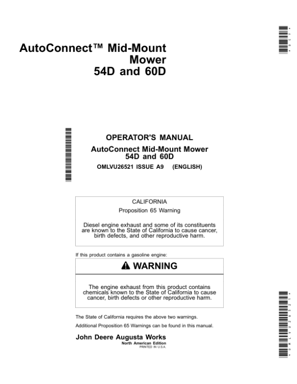 John Deere 54D, 60D Mid-Mount Mower Operator’s Manual (OMLVU26521) Workshop Guide