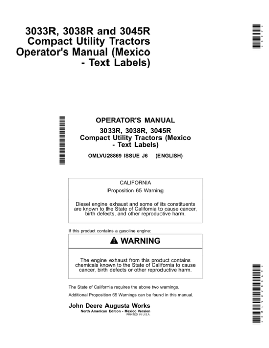 John Deere 3033R, 3038R & 3045R Compact Utility Tractors (Mexico Edition) Operator’s Manual (OMLVU28869) Workshop Guide