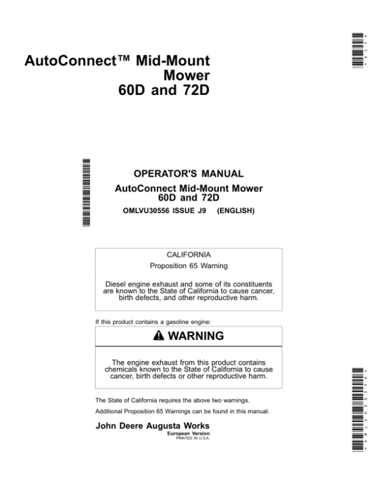 John Deere 60D, 72D AutoConnect Mid-Mount Mower Operator’s Manual (OMLVU30556) Workshop Guide