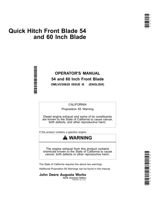 John Deere 54 & 60 Inch Quick Hitch Front Blades Operator’s Manual (OMLVU30628) Workshop Guide
