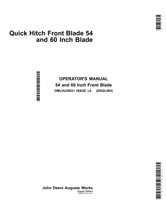 John Deere 54 & 60 Inch Quick Hitch Front Blade Operator’s Manual (OMLVU30631) Workshop Guide