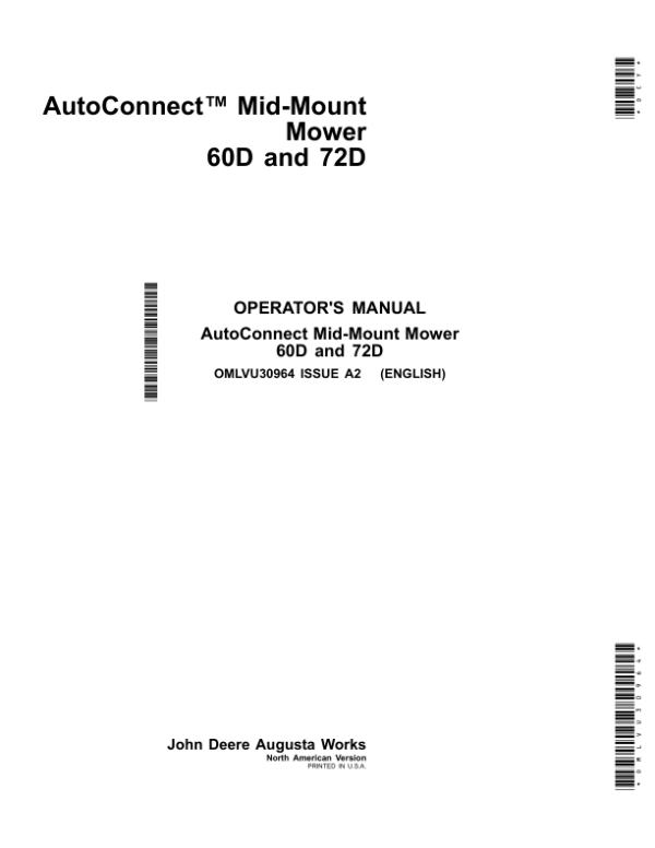 John Deere Mid-Mount Mower 60D, 72D (North American Version) Operator’s Manual (OMLVU30964) Workshop Guide