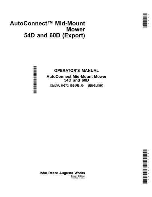John Deere 54D, 60D AutoConnect Mid-Mount Mower (M010001-) for 2025R Compact Utility Tractors (MY2017-) Operator’s Manual (OMLVU30972) Workshop Guide