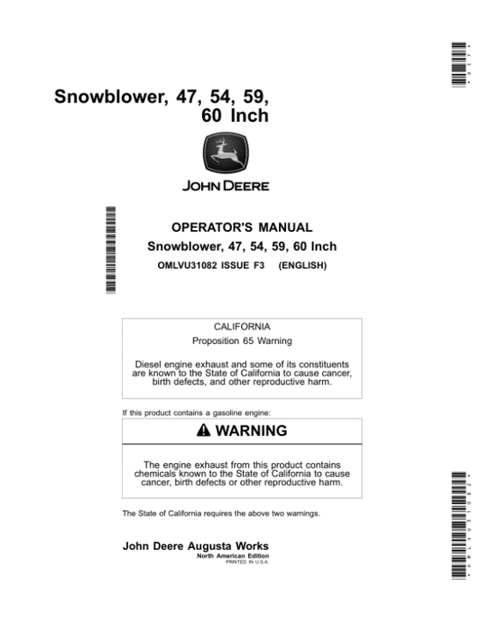 John Deere 47, 54, 59, 60 Inch Snowblower (130001-) (North America) Operator’s Manual (OMLVU31082) Workshop Guide