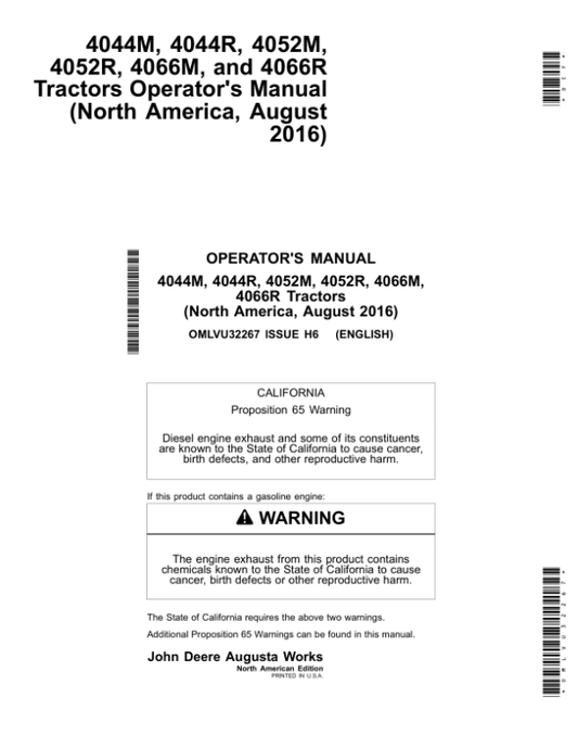 John Deere 4044M, 4044R, 4052M, 4052R, 4066M, 4066R Tractors (North America) (2017-) (GH100001-HH999999) Operator’s Manual (OMLVU32267) Workshop Guide