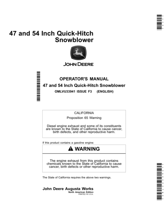 John Deere 47 & 54 Inch Quick-Hitch Snowblowers Operator’s Manual (OMLVU33941) Workshop Guide