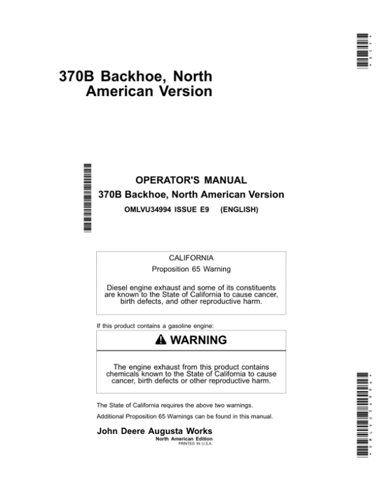 John Deere 370B Backhoe Operator’s Manual (OMLVU34994) Workshop Guide