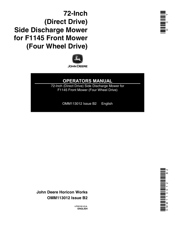 John Deere 72-Inch (Direct Drive) Side Discharge Mower (-140000) Operator’s Manual (OMM113012) Workshop Guide
