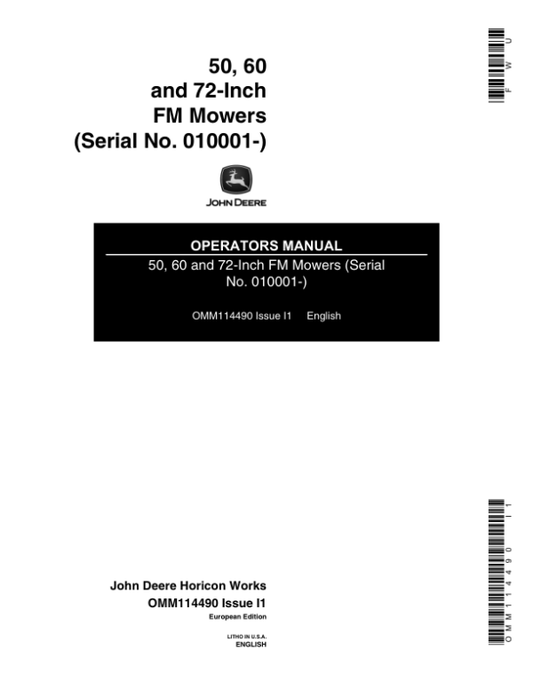 John Deere 50, 60, 72-Inch Front Mount Mowers (010001-) Operator’s Manual (OMM114490) Workshop Guide
